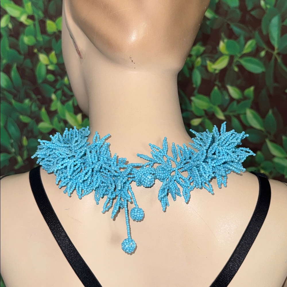 Blue Coral Designed Glass Beaded Fringe Necklace - Picture 14 of 15